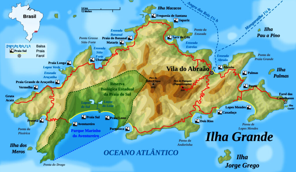 Imagem de um mapa geográfico ilustrado de ilha grande