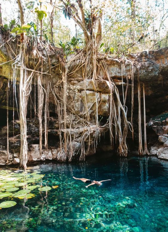 Cenote aberto, cercado por rochas, mata e água cristalinas esverdeadas em turismo no méxico