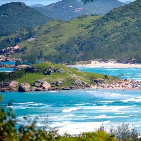 quantas praias tem em Santa Catarina? Pequenos morros cobertos por vegetação baixa com praias diferentes entre suas laterais