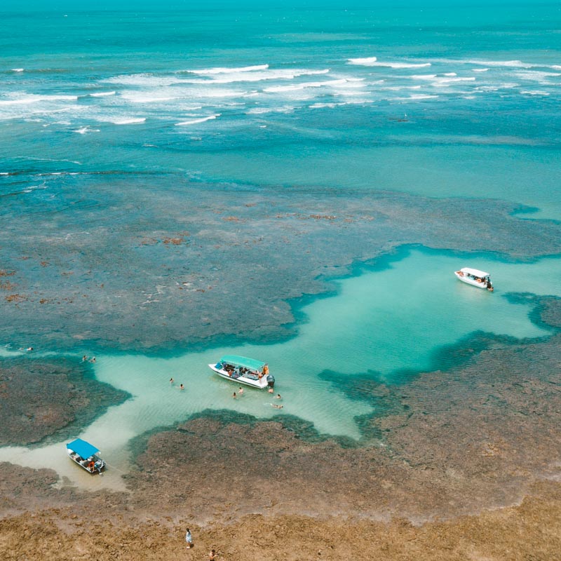 Foto do cima de piscinas naturais de águas azuladas entre recifes de corais com algumas pessoas nadando.